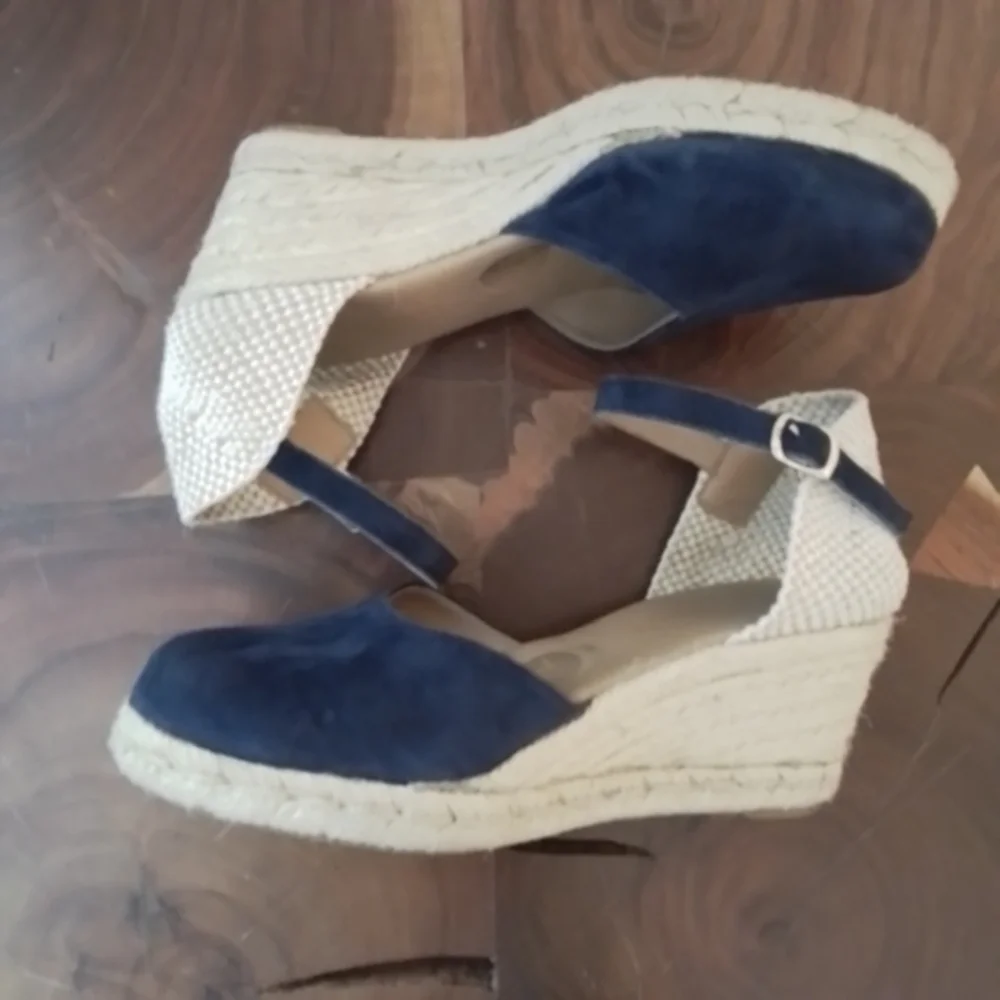 Paseart Navy Blue Suede Closed Toe Espadrille Wedge Shoes - 38/7.5